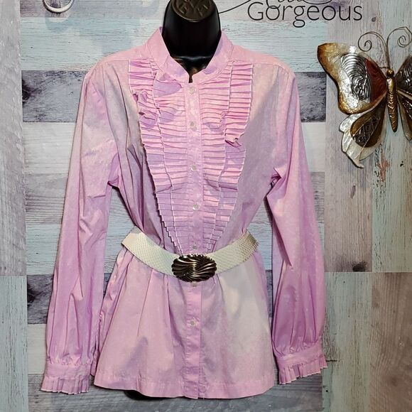 Hey Sue! Bob Mackie VINTAGE Upcycled Splatter Pink Ruffle Tux Blouse Sz L Button - Picture 1 of 11
